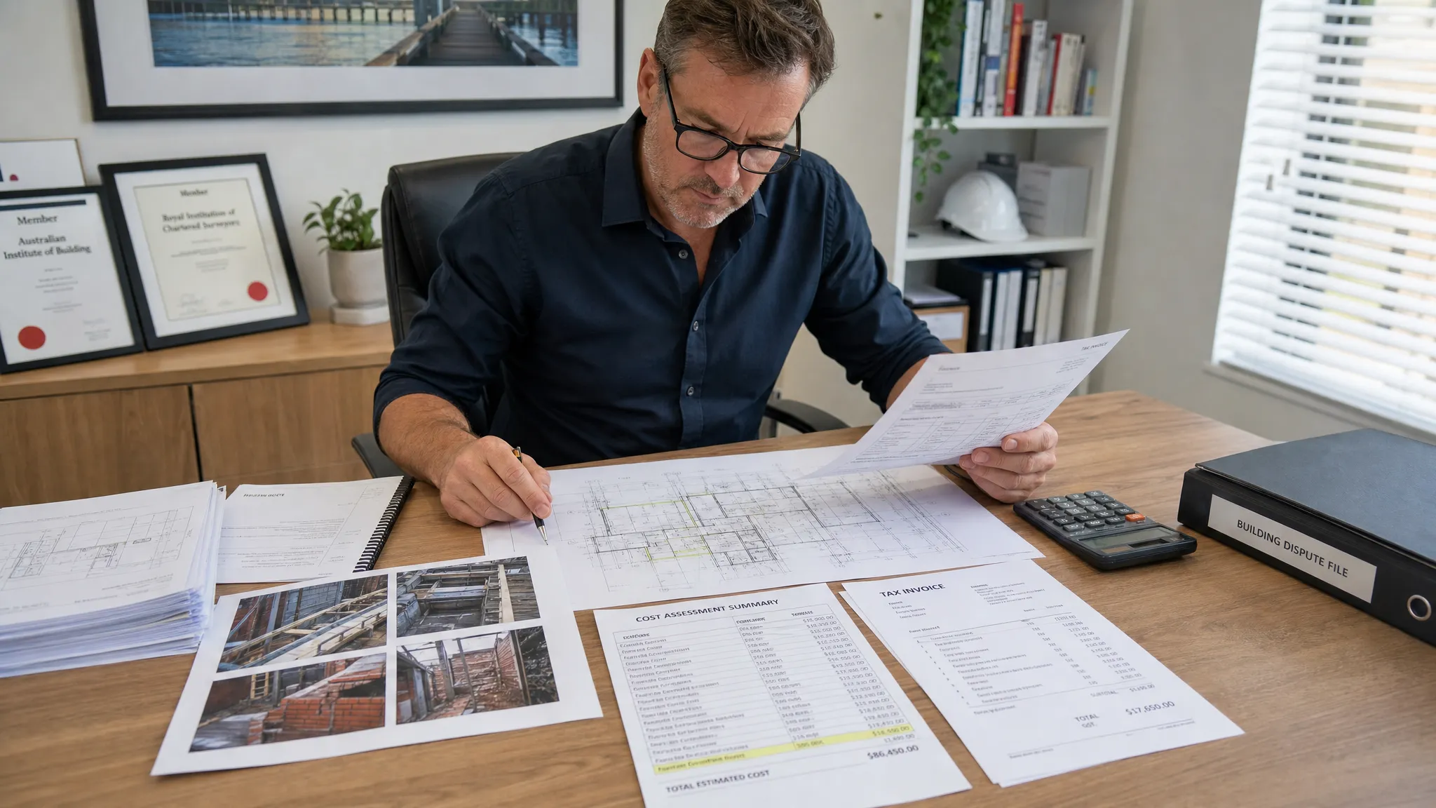 A building consultant reviewing construction drawings, invoices and site photographs on a table while preparing a cost assessment for a residential building dispute, with the papers spread in clear sections and a calculator beside them in a quiet office.