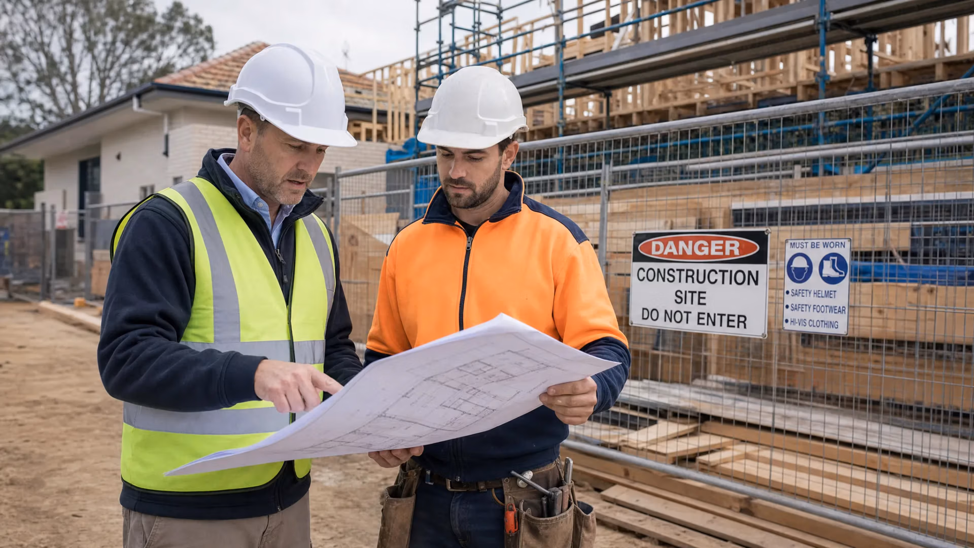 A construction consultant and site supervisor reviewing building plans on a residential building site in NSW, with safety fencing, materials and partially completed framing visible in the background.