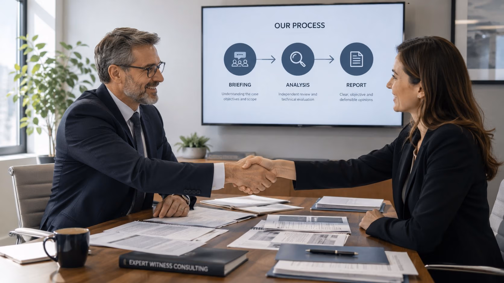 A professional man and woman in business attire shaking hands during an expert witness consulting meeting.