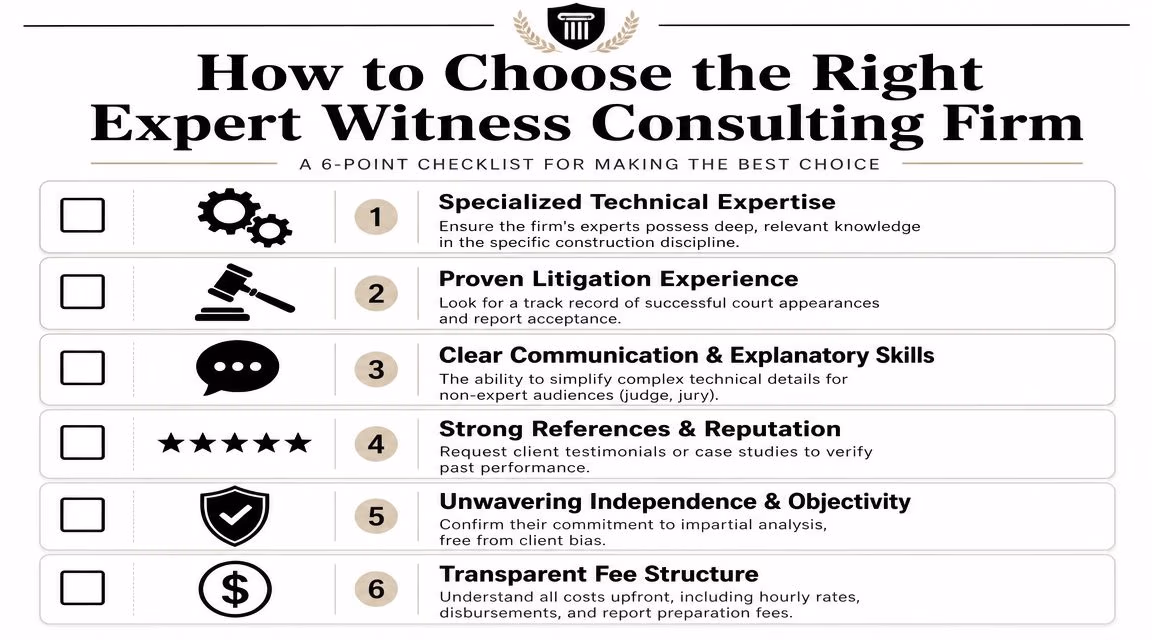 A checklist of six essential criteria for selecting the right expert witness consulting firm for construction projects.