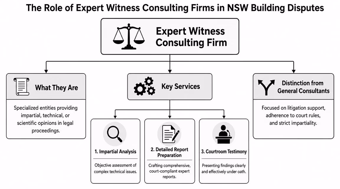 An infographic detailing the role, key services, and distinct nature of expert witness consulting firms in construction.