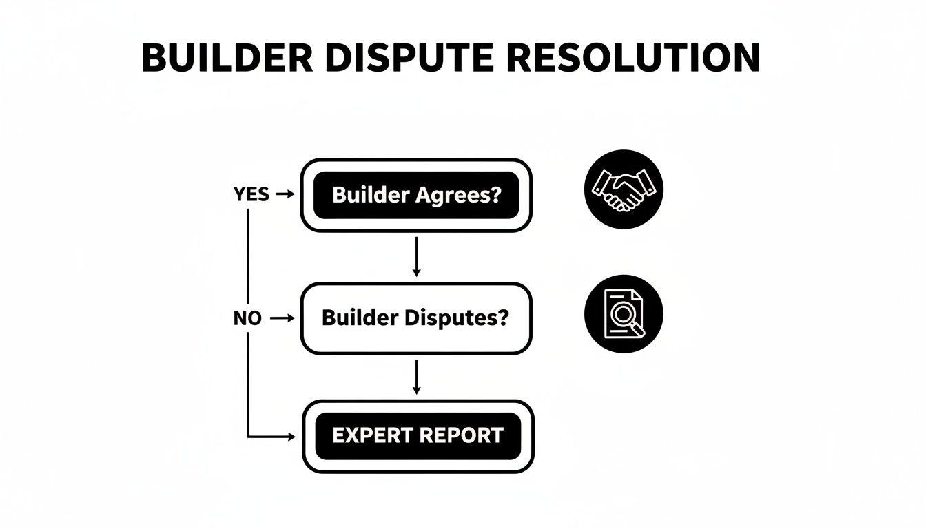 Flowchart illustrating the builder dispute resolution process, showing steps from agreement to expert report.