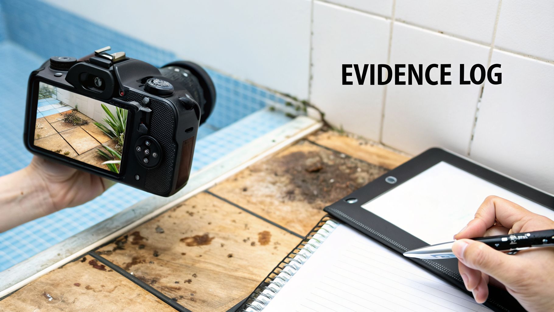 A person photographs a dirty bathroom area with a camera, while another writes in an evidence log.