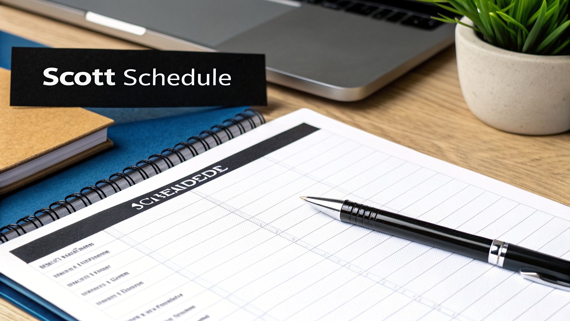 Close-up of a desk with a 'Scott Schedule' card, an open schedule book, and a pen.
