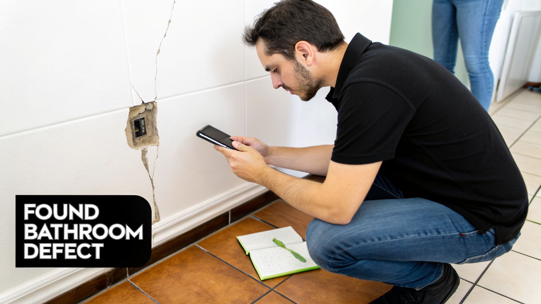A man inspects and photographs a cracked bathroom wall with a damaged electrical outlet, documenting the defect.