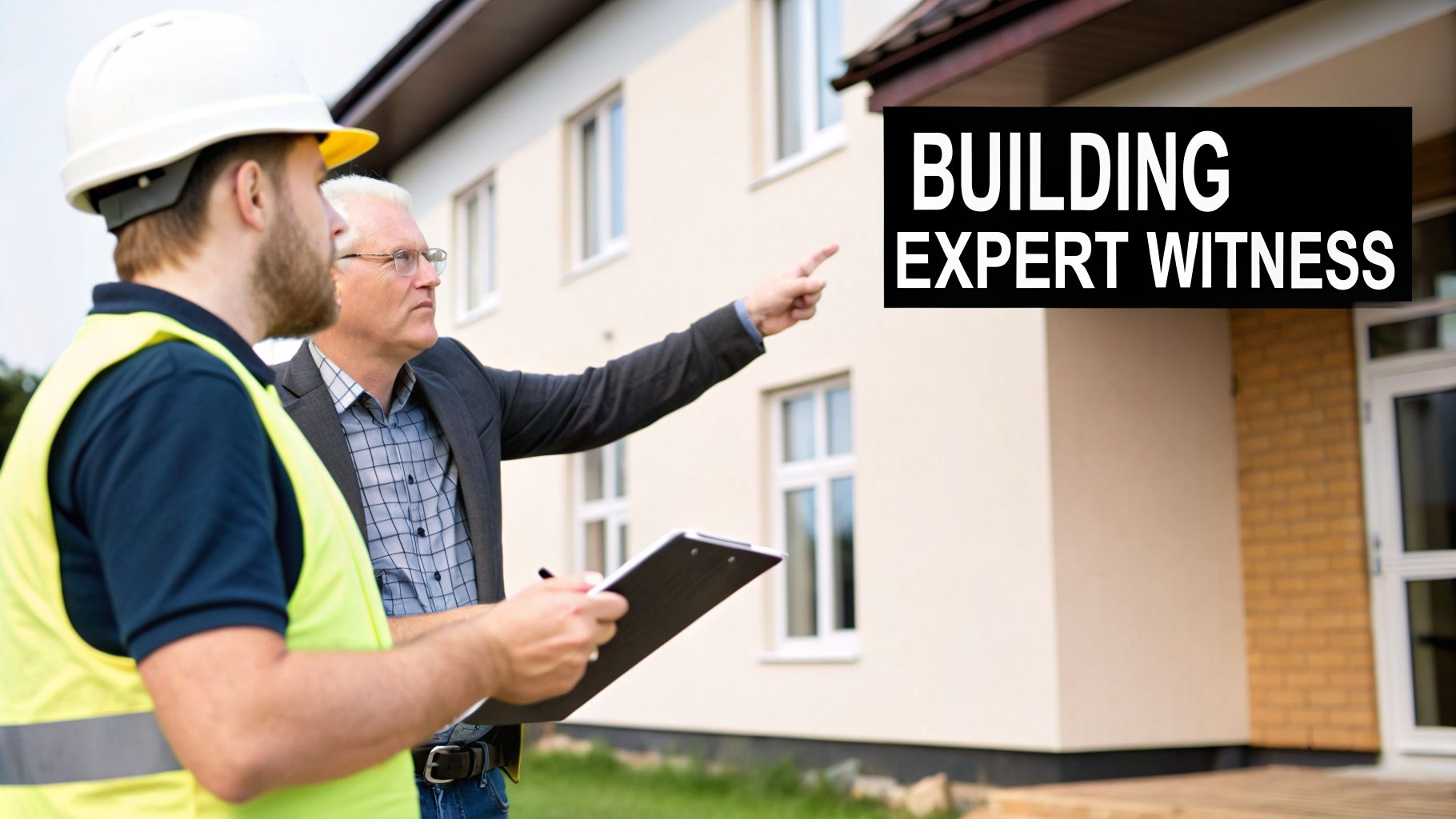 Two men, a construction worker and an expert, inspect a building, discussing details while one points.