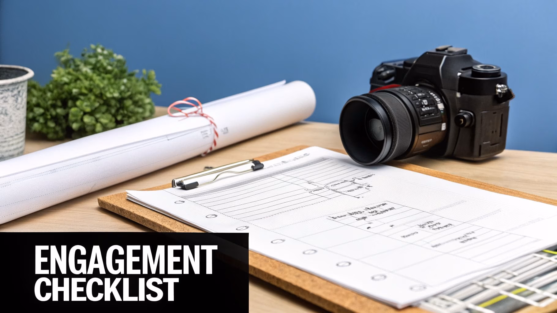 A camera, rolled papers, and an 'ENGAGEMENT CHECKLIST' on a clipboard, signifying event planning.
