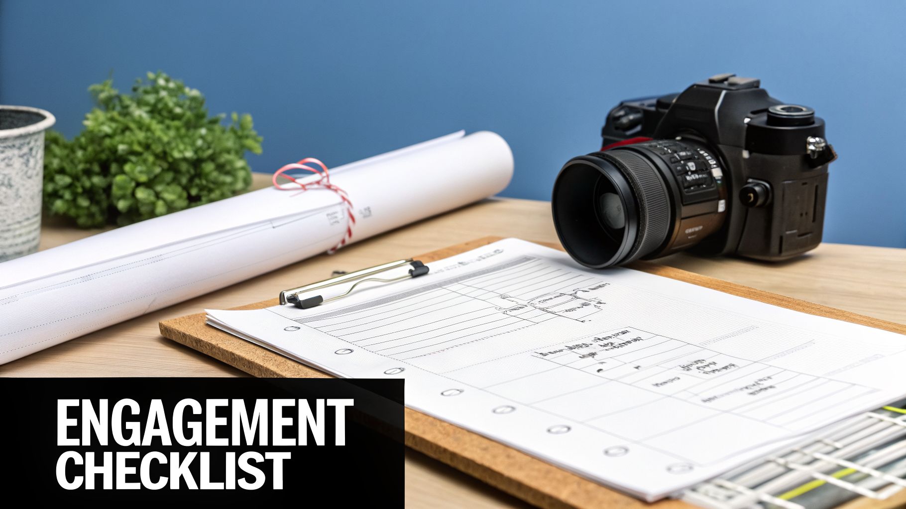 A camera, rolled papers, and an 'ENGAGEMENT CHECKLIST' on a clipboard, signifying event planning.