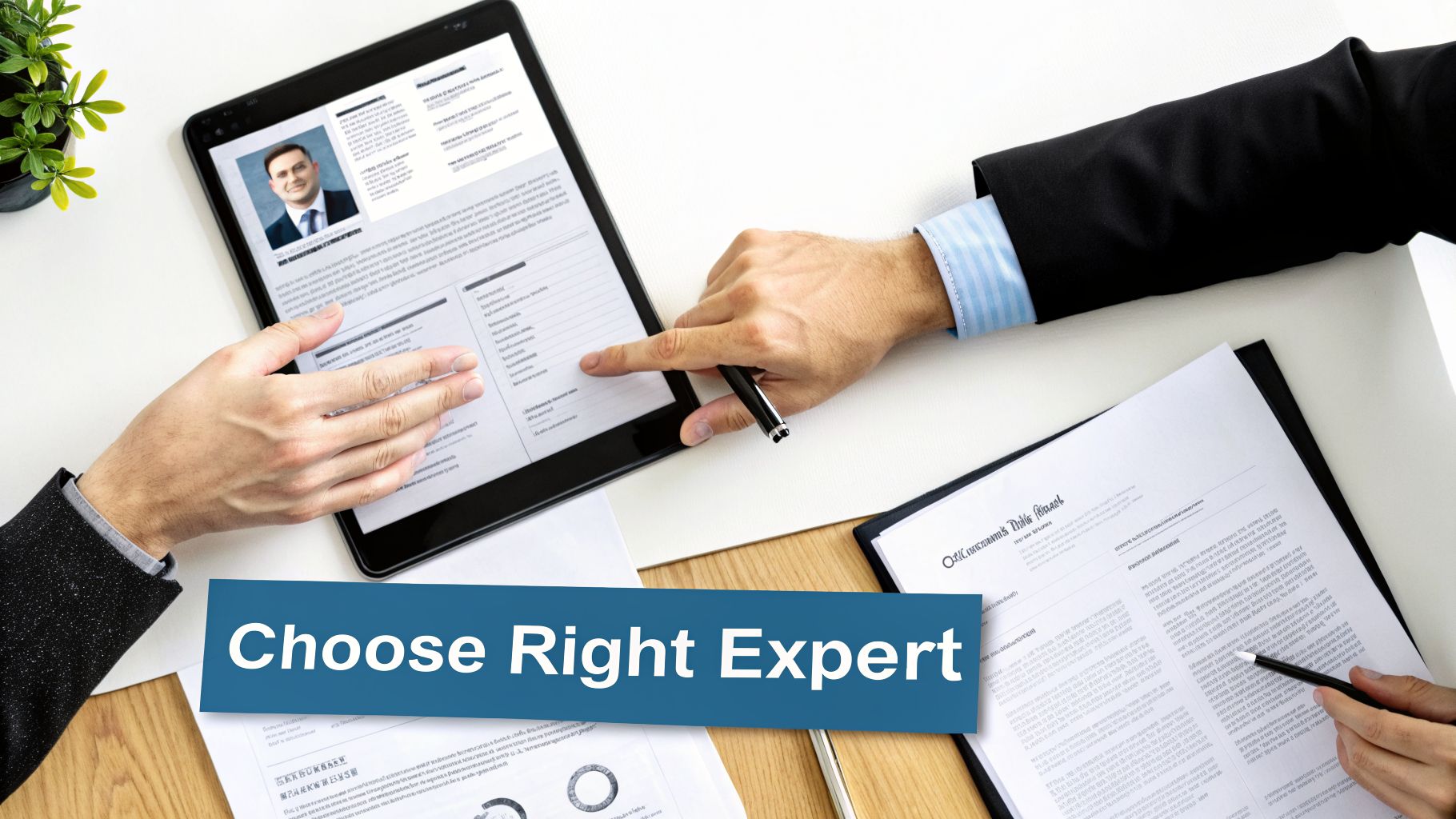 Two professionals review a digital resume on a tablet, emphasizing choosing the right expert.
