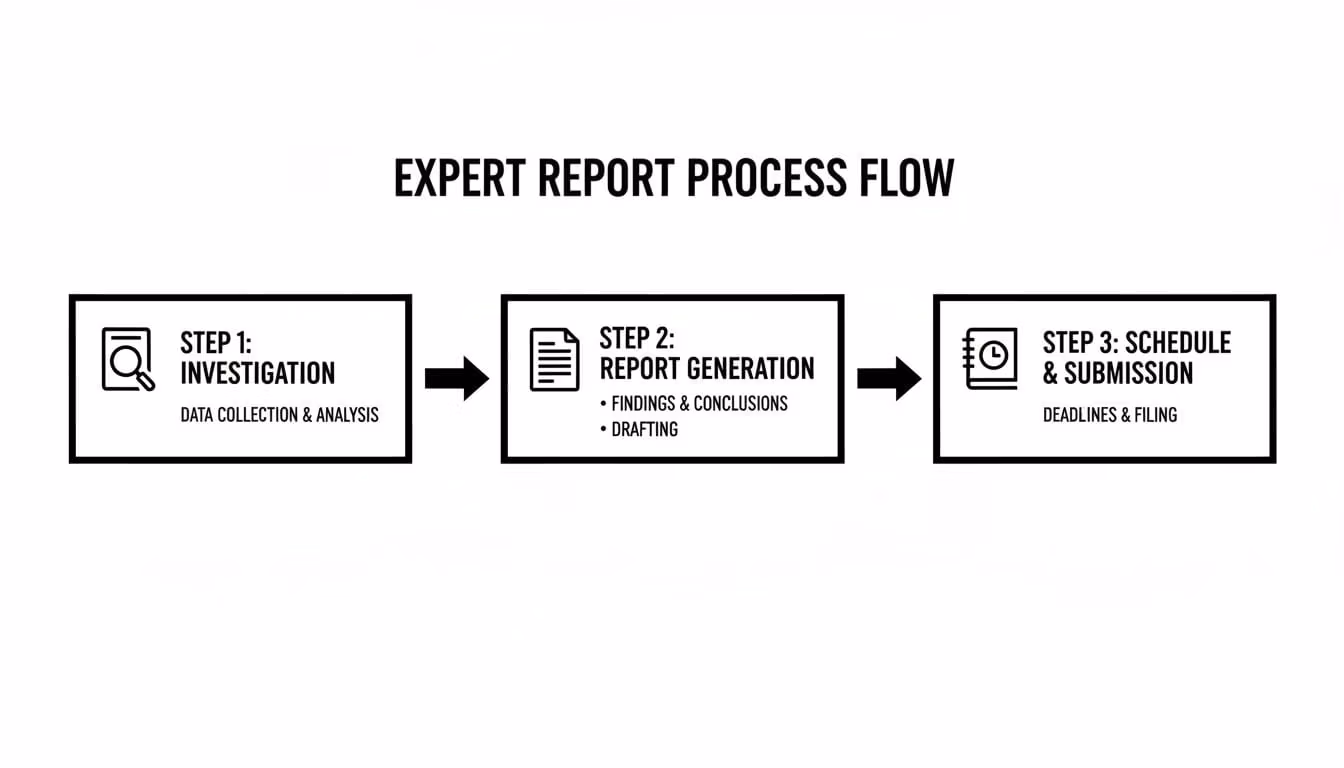 Expert report process flow diagram showing three steps: investigation, report generation, and submission.