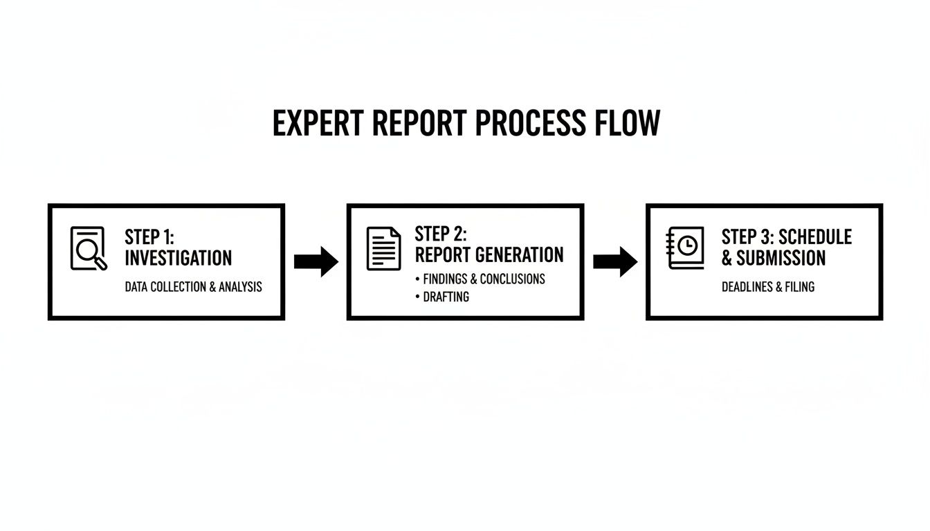 Expert report process flow diagram showing three steps: investigation, report generation, and submission.
