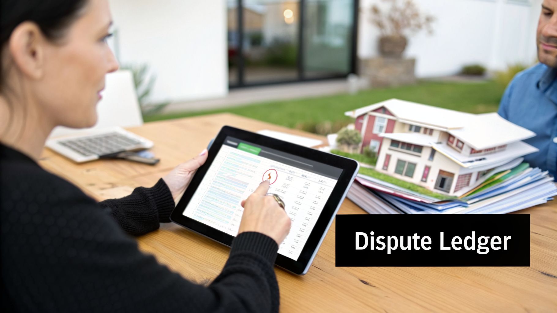 Woman analyzing a dispute ledger on a tablet, with miniature house models on a wooden table outdoors.