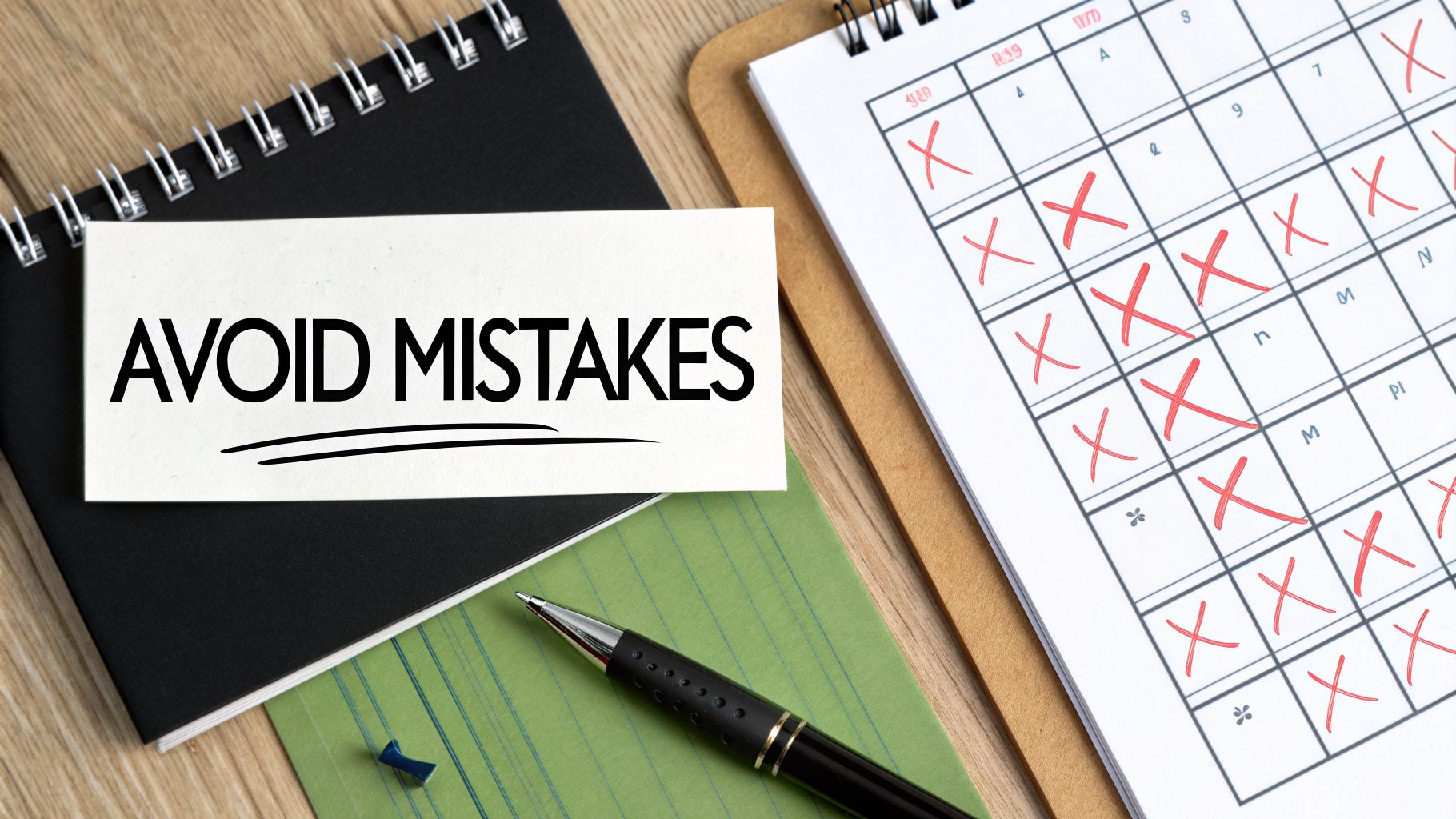 A white note with 'AVOID MISTAKES' on a notebook, beside a calendar with red X marks.