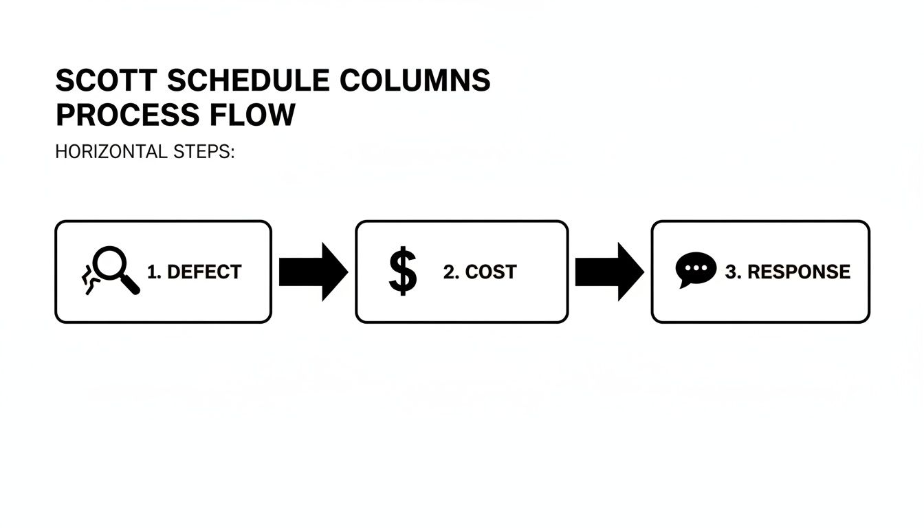 A horizontal process flow diagram illustrating three steps: 1. Defect, 2. Cost, and 3. Response.