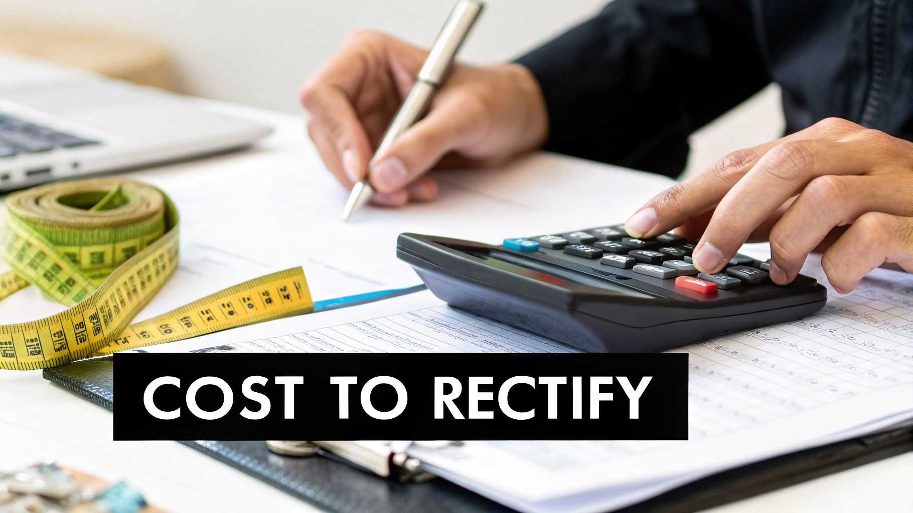 Hands are calculating 'COST TO RECTIFY' using a calculator and pen on a desk with papers and a measuring tape.