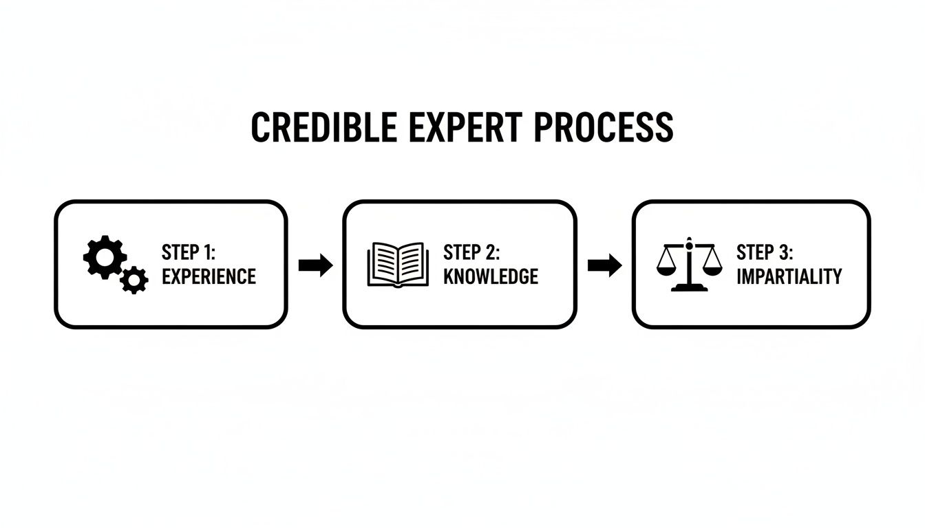 Flowchart illustrating the Credible Expert Process with three steps: Experience, Knowledge, and Impartiality.