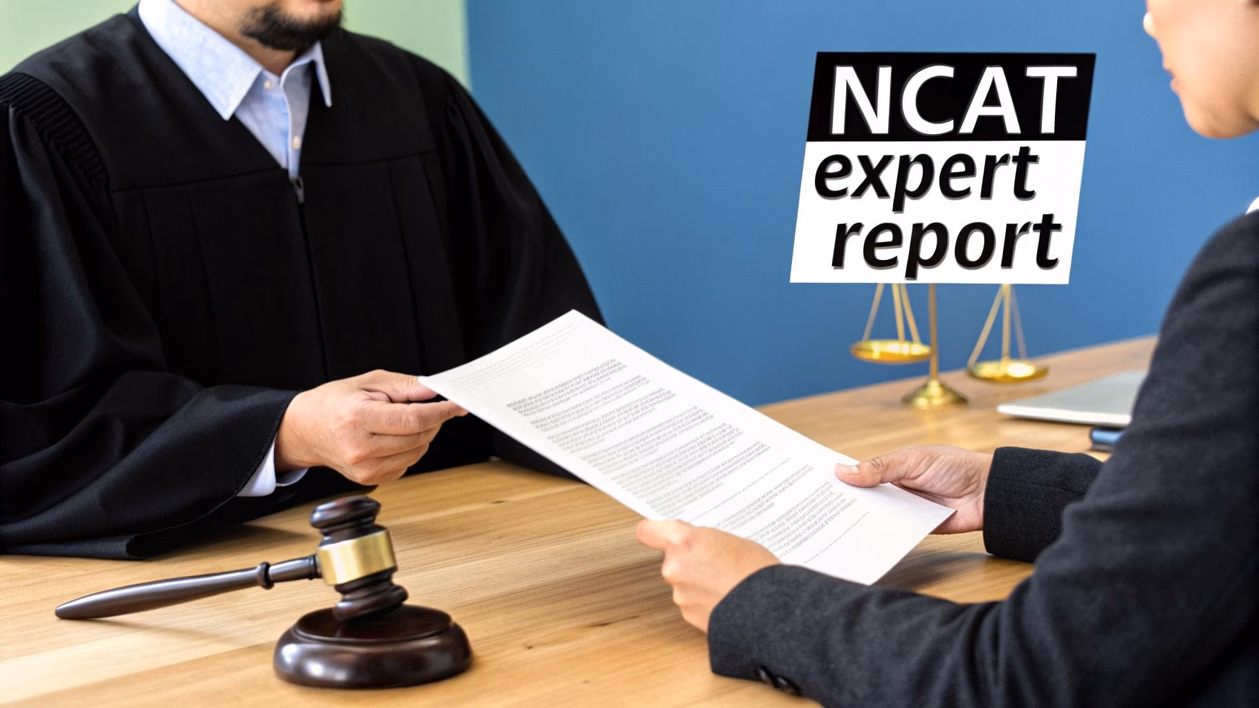 A judge hands an expert report document to a lawyer in a courtroom setting with a gavel.