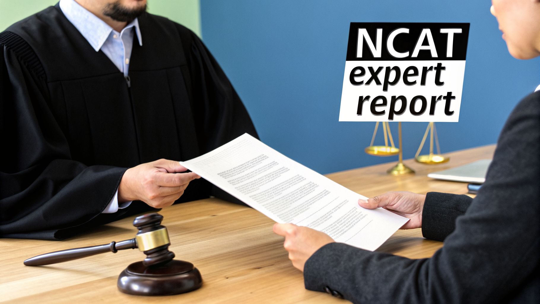 A judge hands an expert report document to a lawyer in a courtroom setting with a gavel.