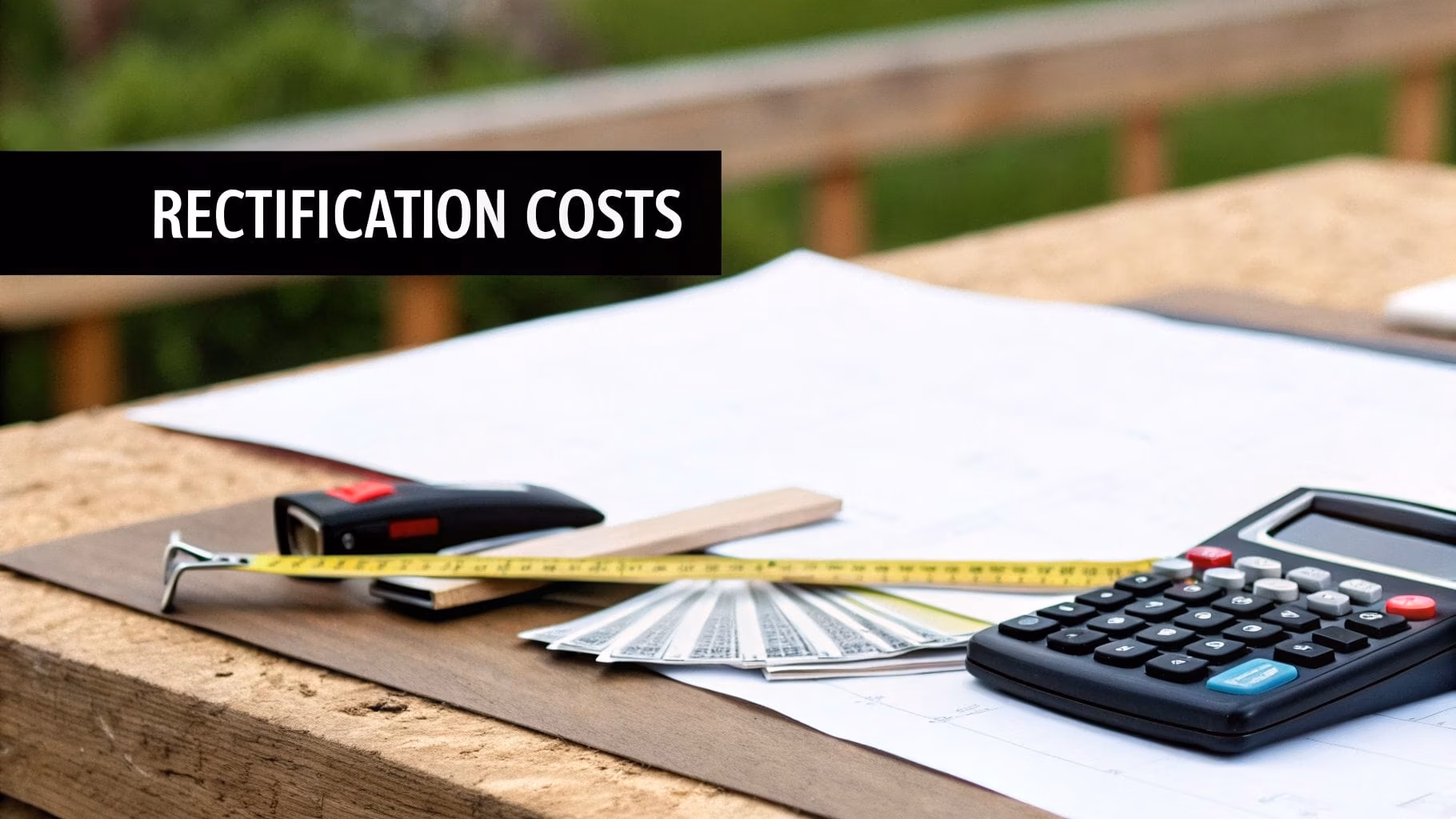 Construction tools, money, and a calculator on a desk with plans, displaying 'RECTIFICATION COSTS' banner.