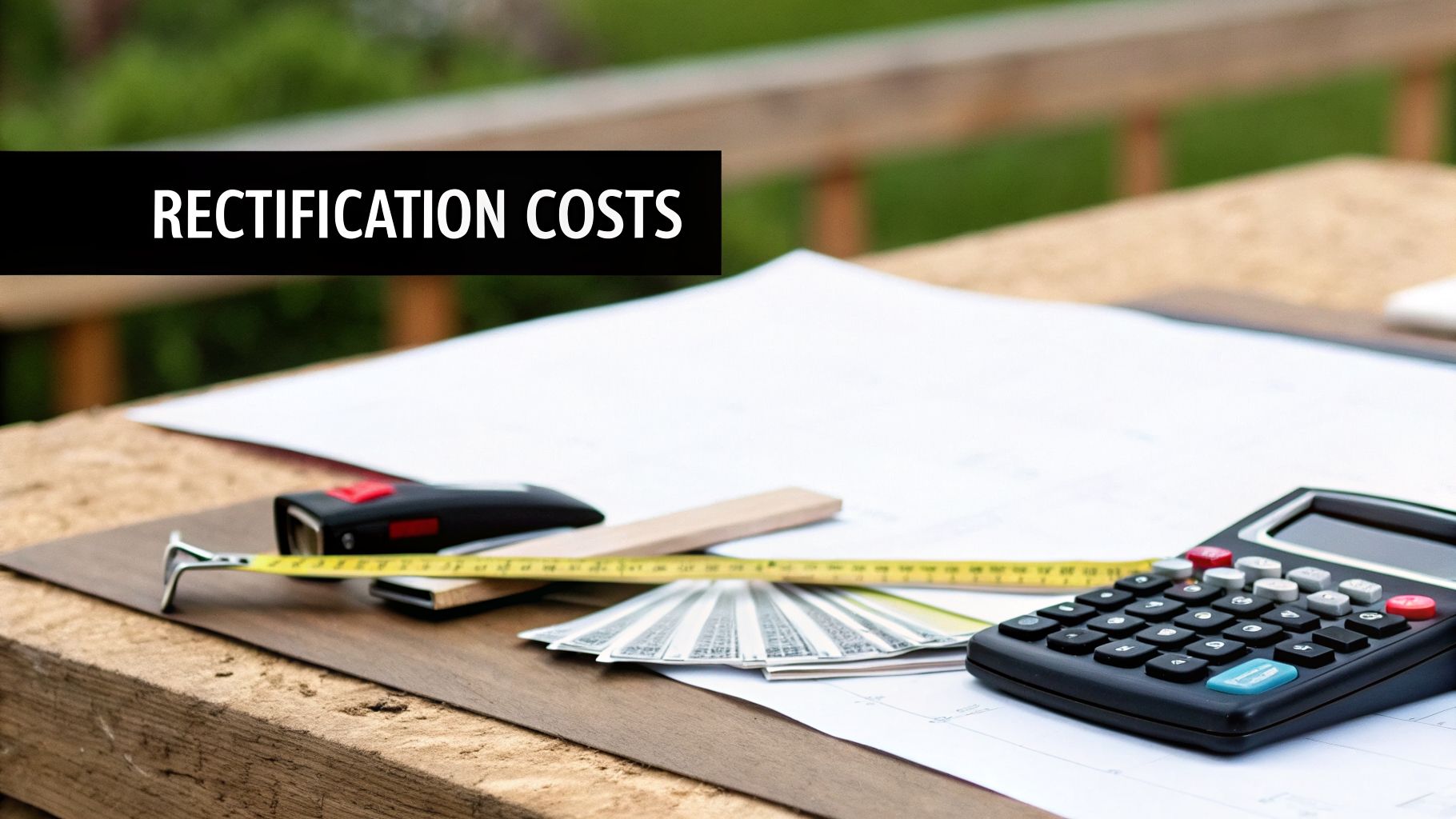 Construction tools, money, and a calculator on a desk with plans, displaying 'RECTIFICATION COSTS' banner.