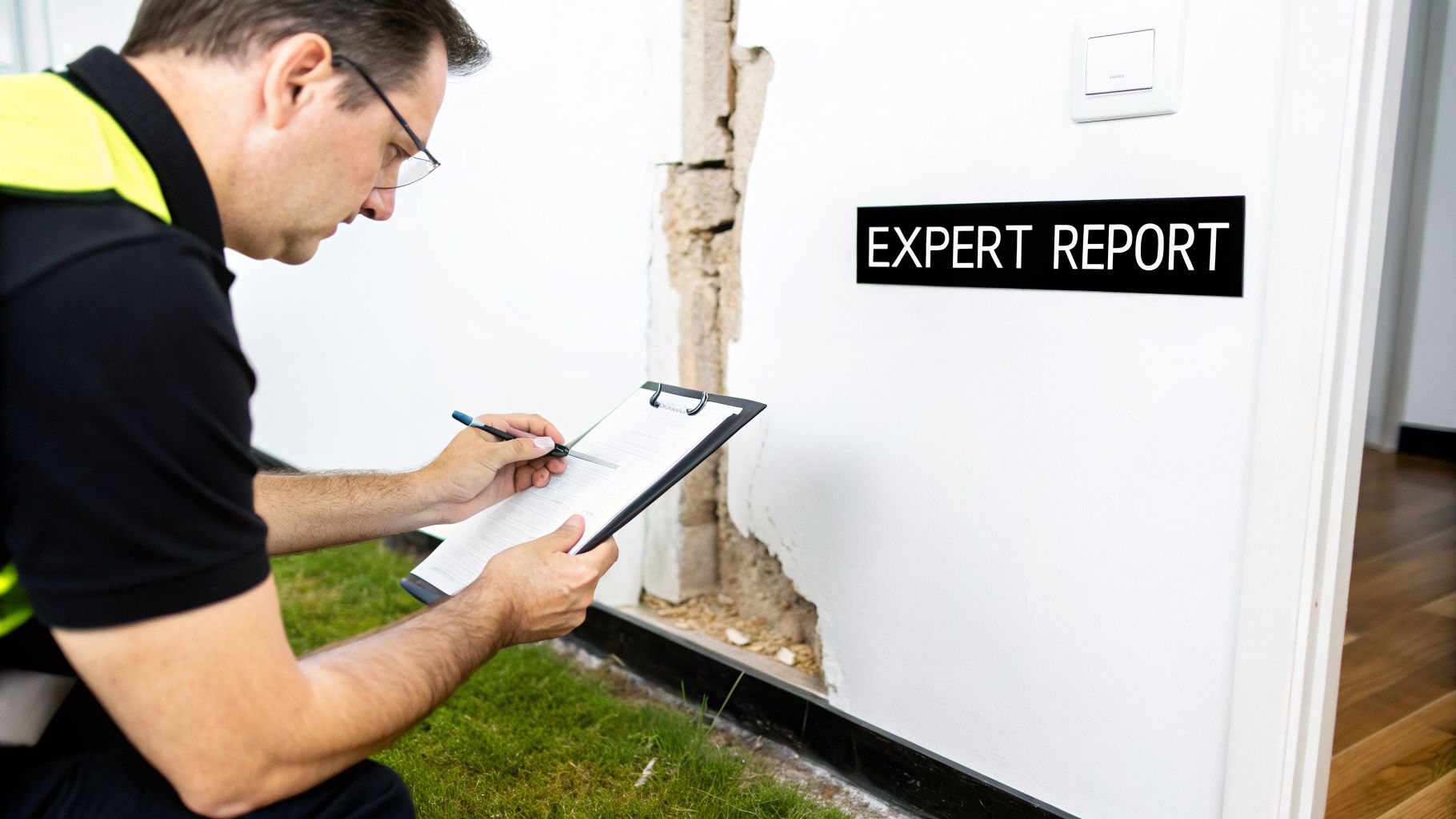 A building expert in glasses writes on a clipboard, inspecting a damaged wall with an "EXPERT REPORT" sign.
