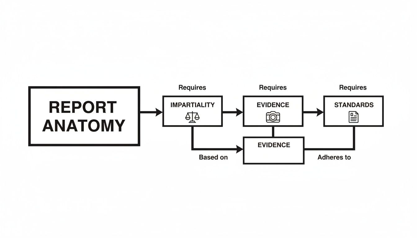 Flowchart outlining the anatomy of a report, emphasizing impartiality, evidence, and standards.