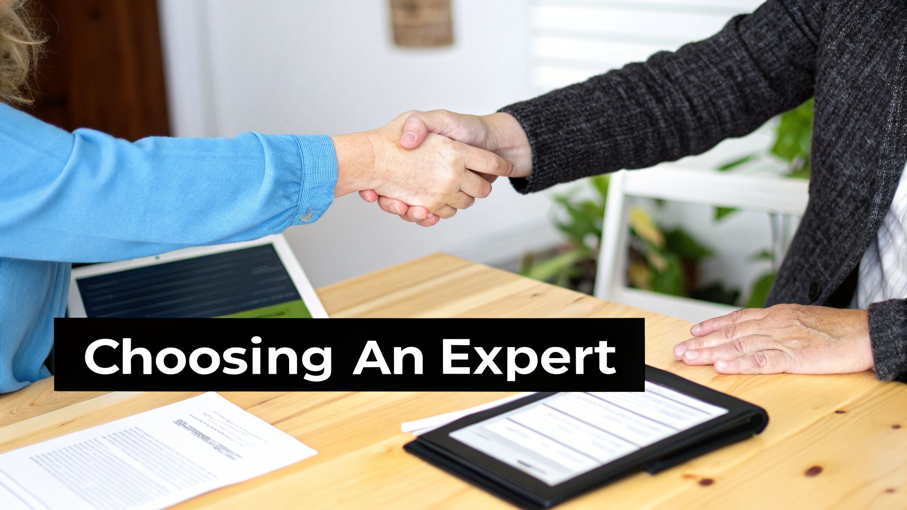 Two people shaking hands over a wooden desk with documents and a laptop, with text 'Choosing An Expert'.