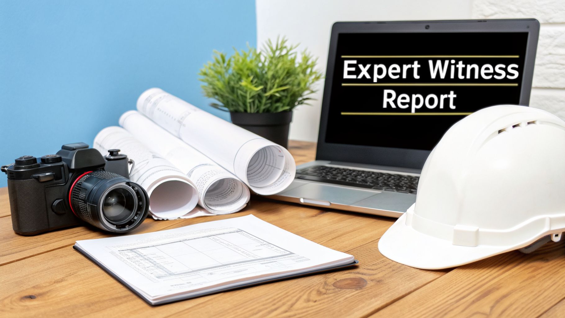 Desk with a laptop showing 'Expert Witness Report', hard hat, blueprints, camera, and documents for construction analysis.