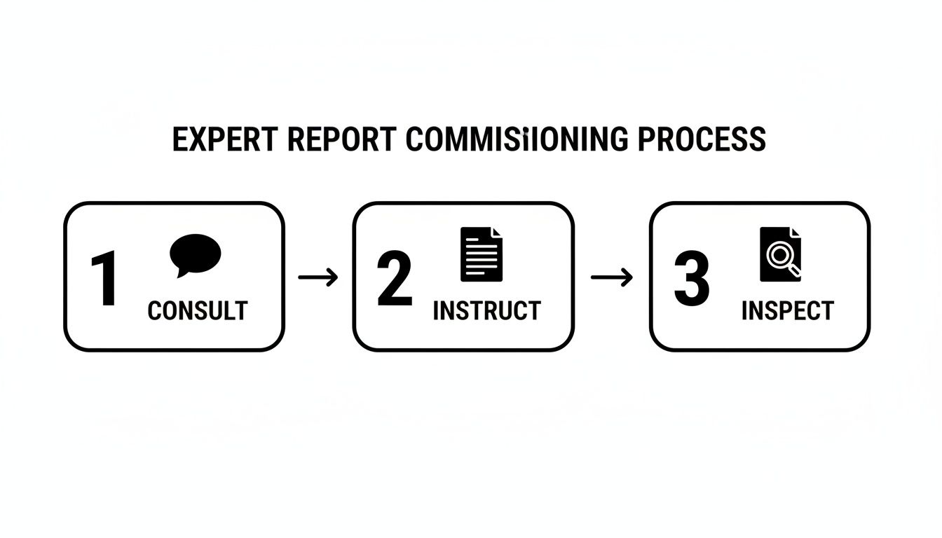 An expert report commissioning process diagram showing three steps: consult, instruct, and inspect.