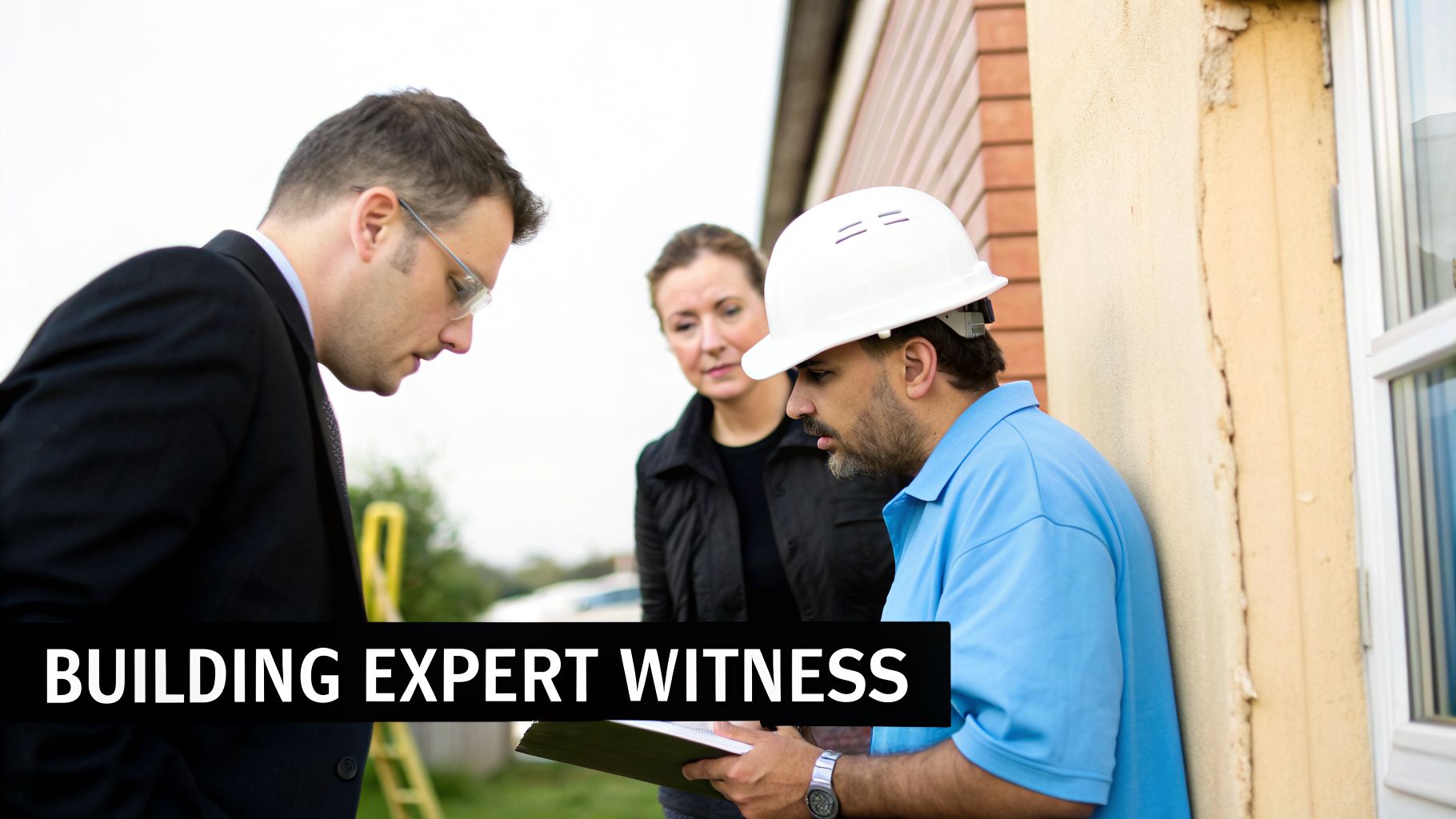 Three professionals, two men and one woman, discuss building issues outdoors, one wearing a hard hat.