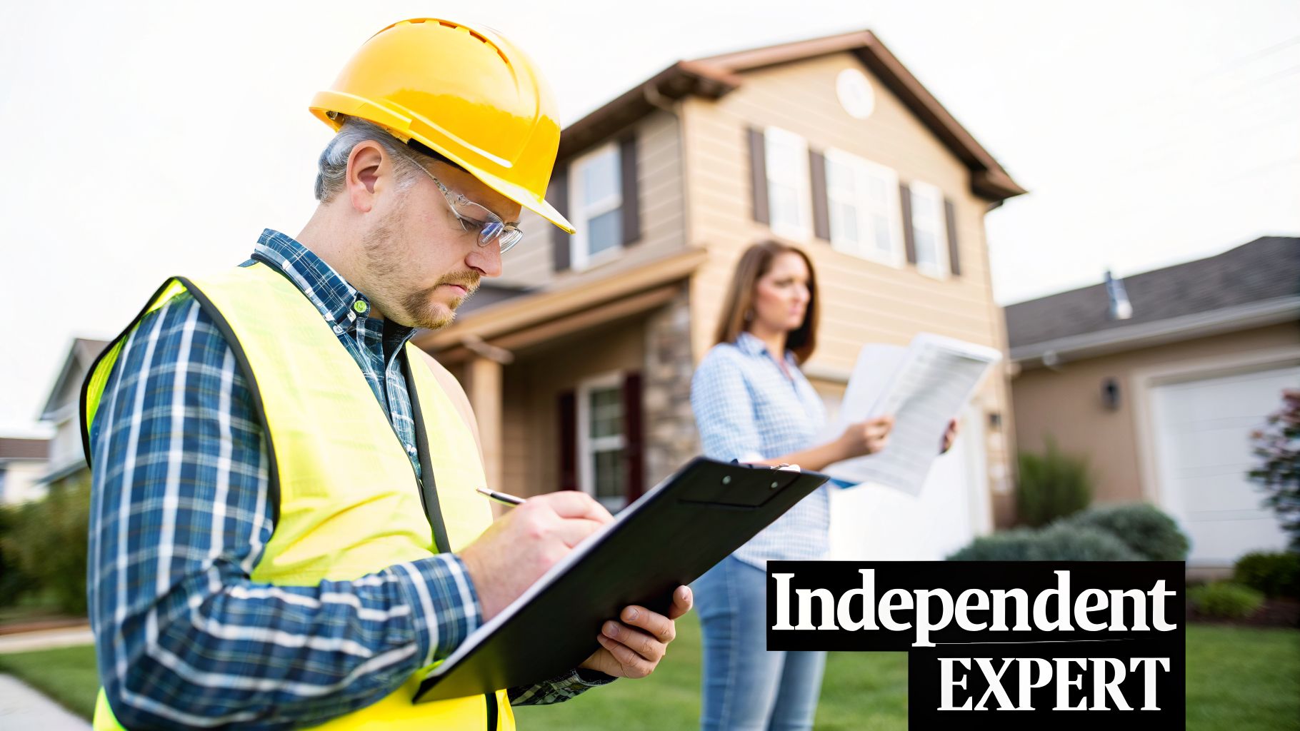 A building inspector in a hard hat and safety vest writing on a clipboard, with a woman and house in the background.