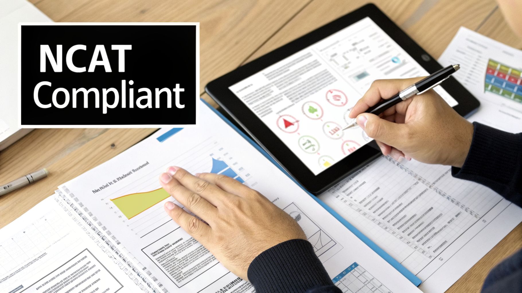 A person's hands analyzing data on a tablet and documents with 'NCAT Compliant' text.