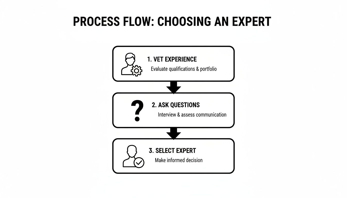 Process flow diagram illustrating three steps for choosing an expert: vet experience, ask questions, and select.