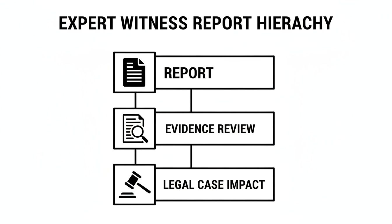 A flowchart illustrating the expert witness report hierarchy with steps: Report, Evidence Review, Legal Case Impact.