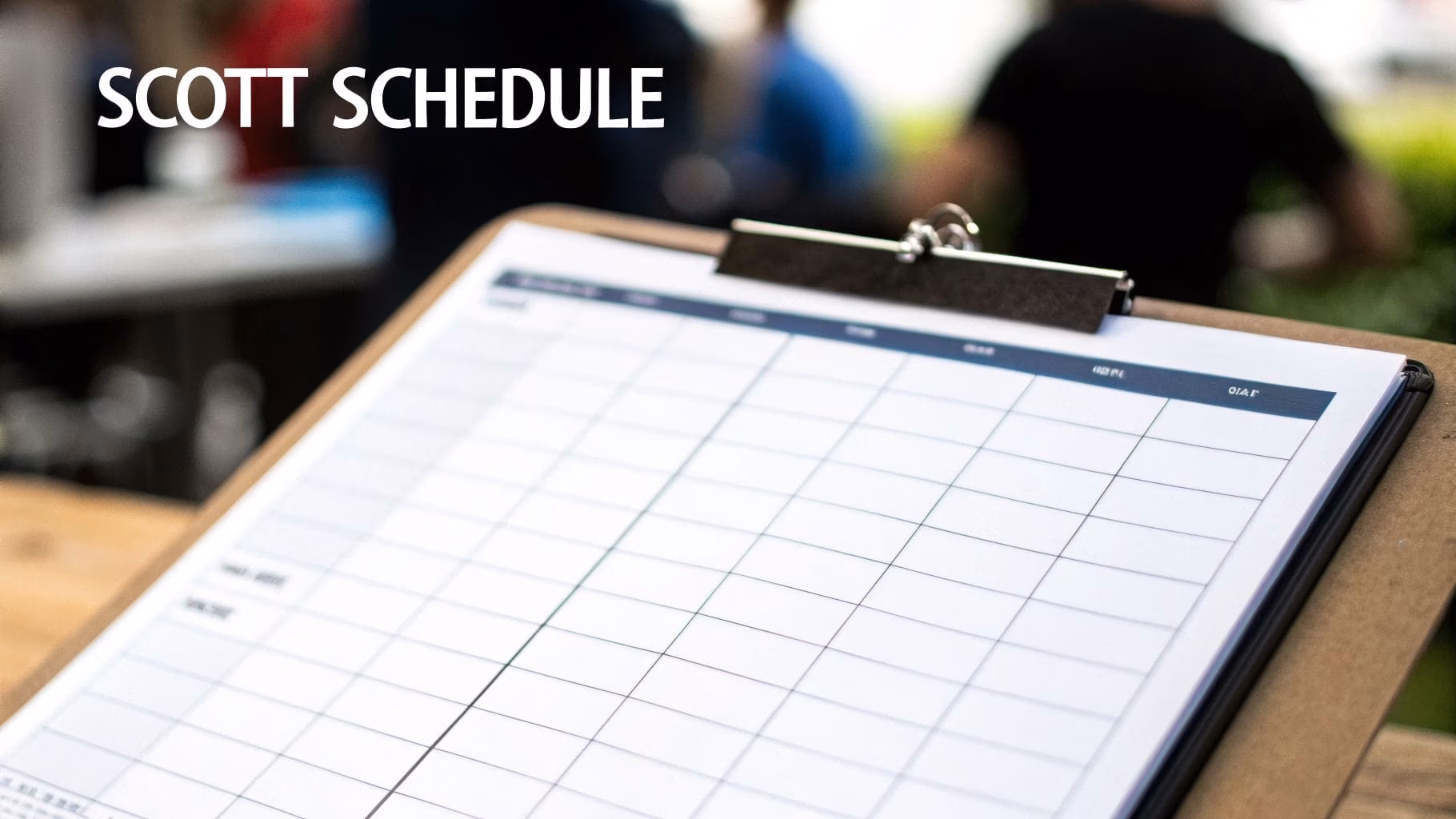 A clipboard featuring a blank Scott Schedule document, indicating planning or organizational tasks.