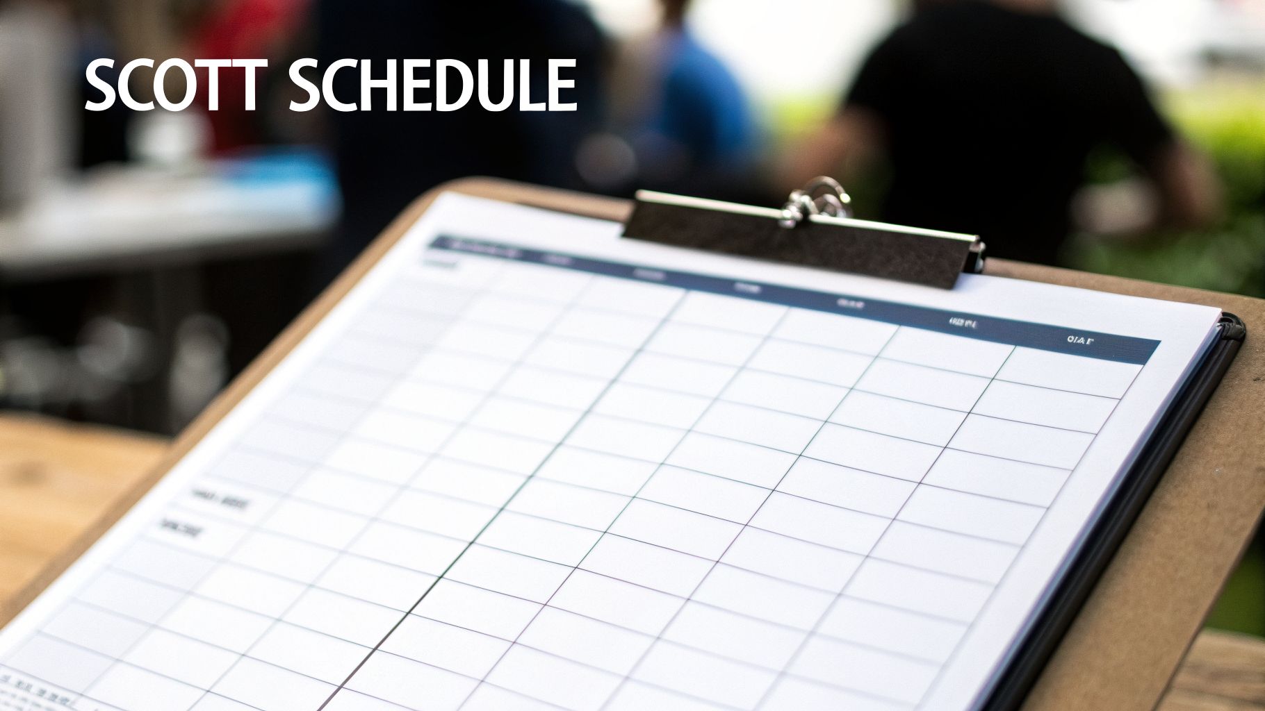 A clipboard featuring a blank Scott Schedule document, indicating planning or organizational tasks.