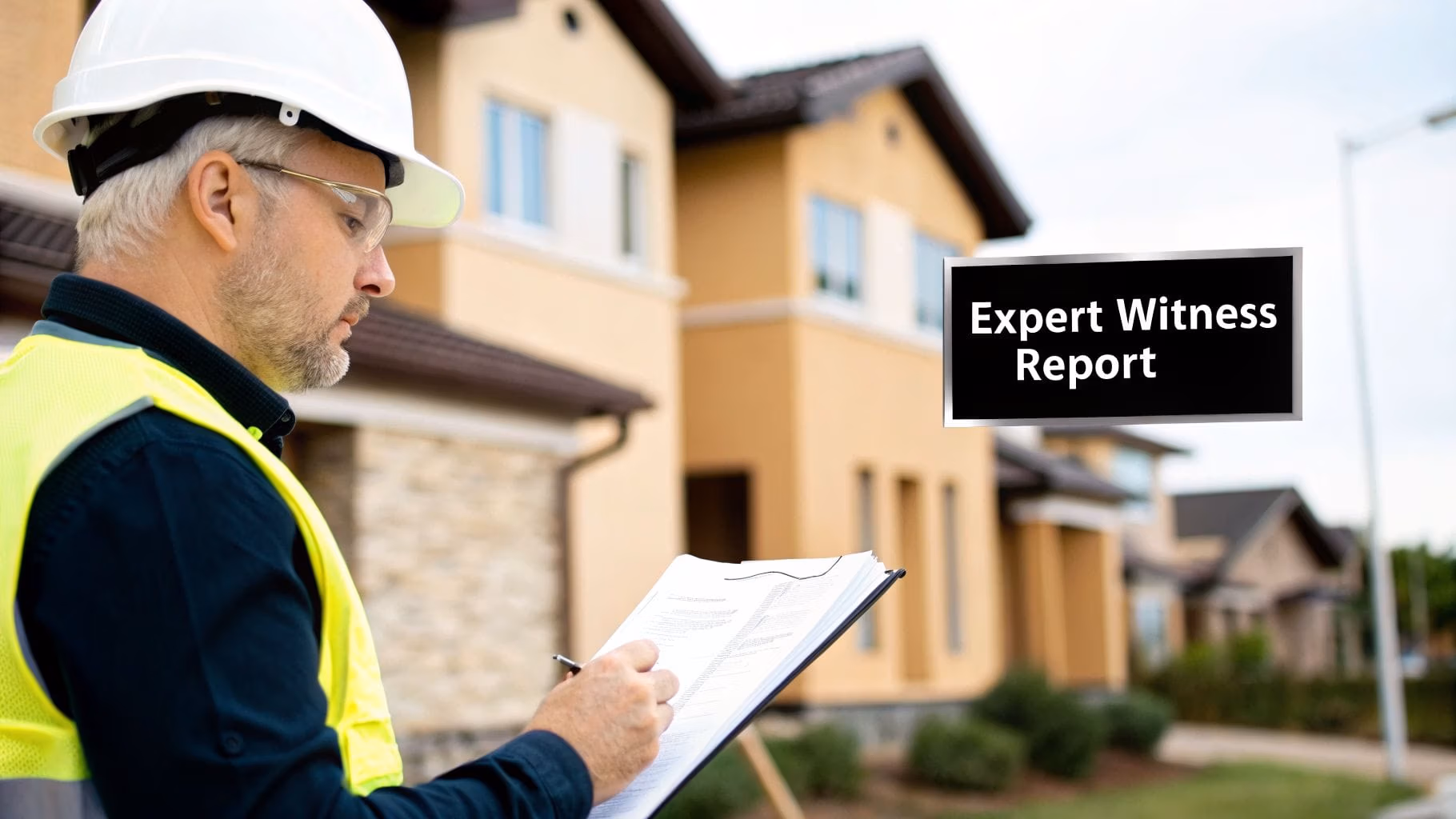 An expert witness in a hard hat and safety vest reviews a report outside residential buildings.