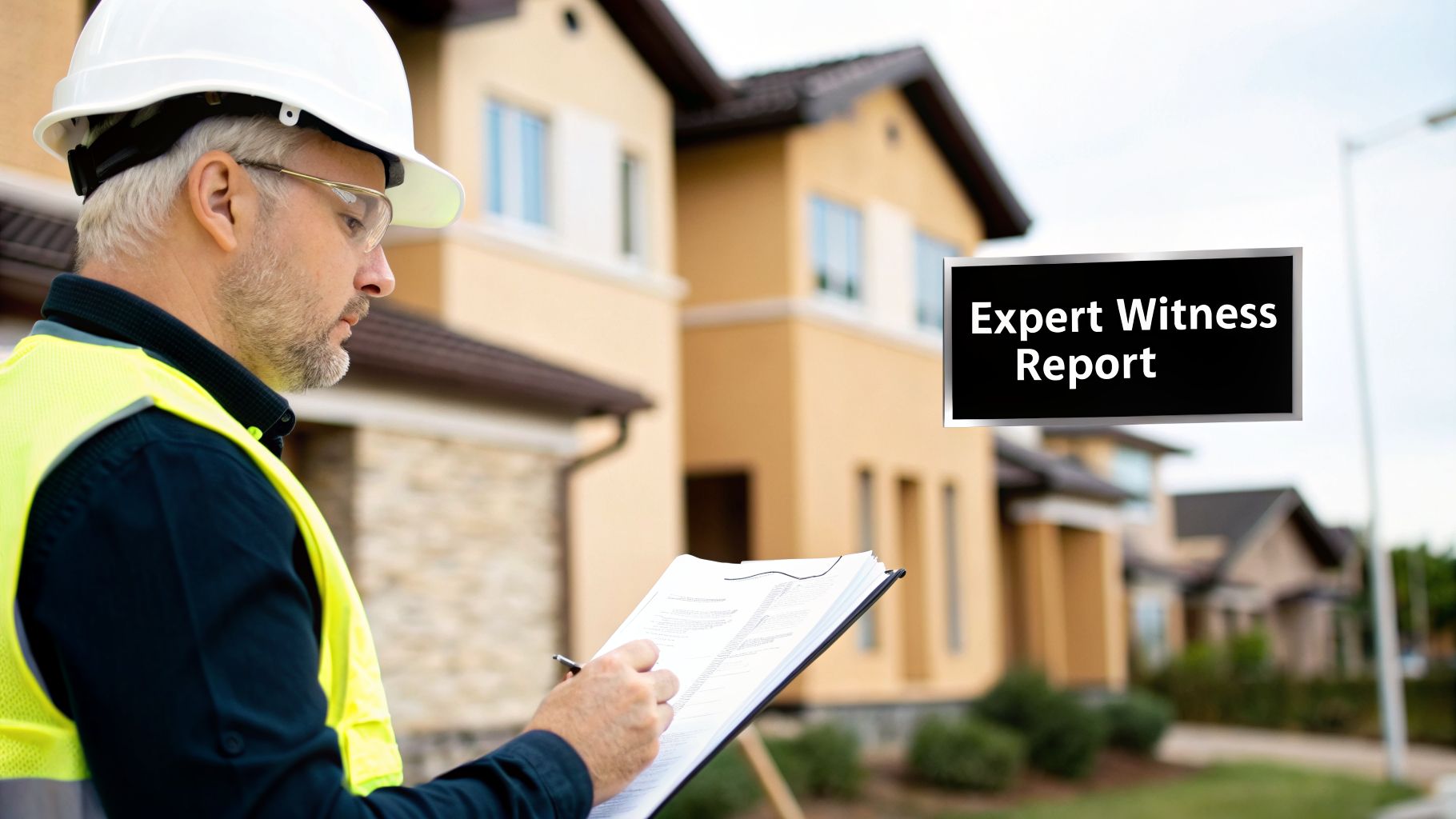 An expert witness in a hard hat and safety vest reviews a report outside residential buildings.