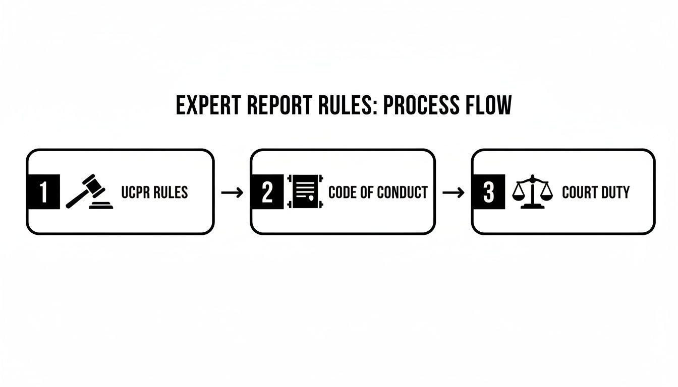 A three-step process flow for expert report rules, showing UCPR rules, code of conduct, and court duty.