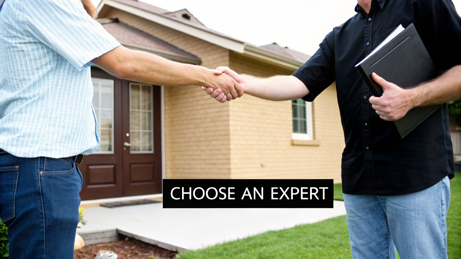 Two men, likely an expert and client, shake hands outside a home with text "CHOOSE AN EXPERT".