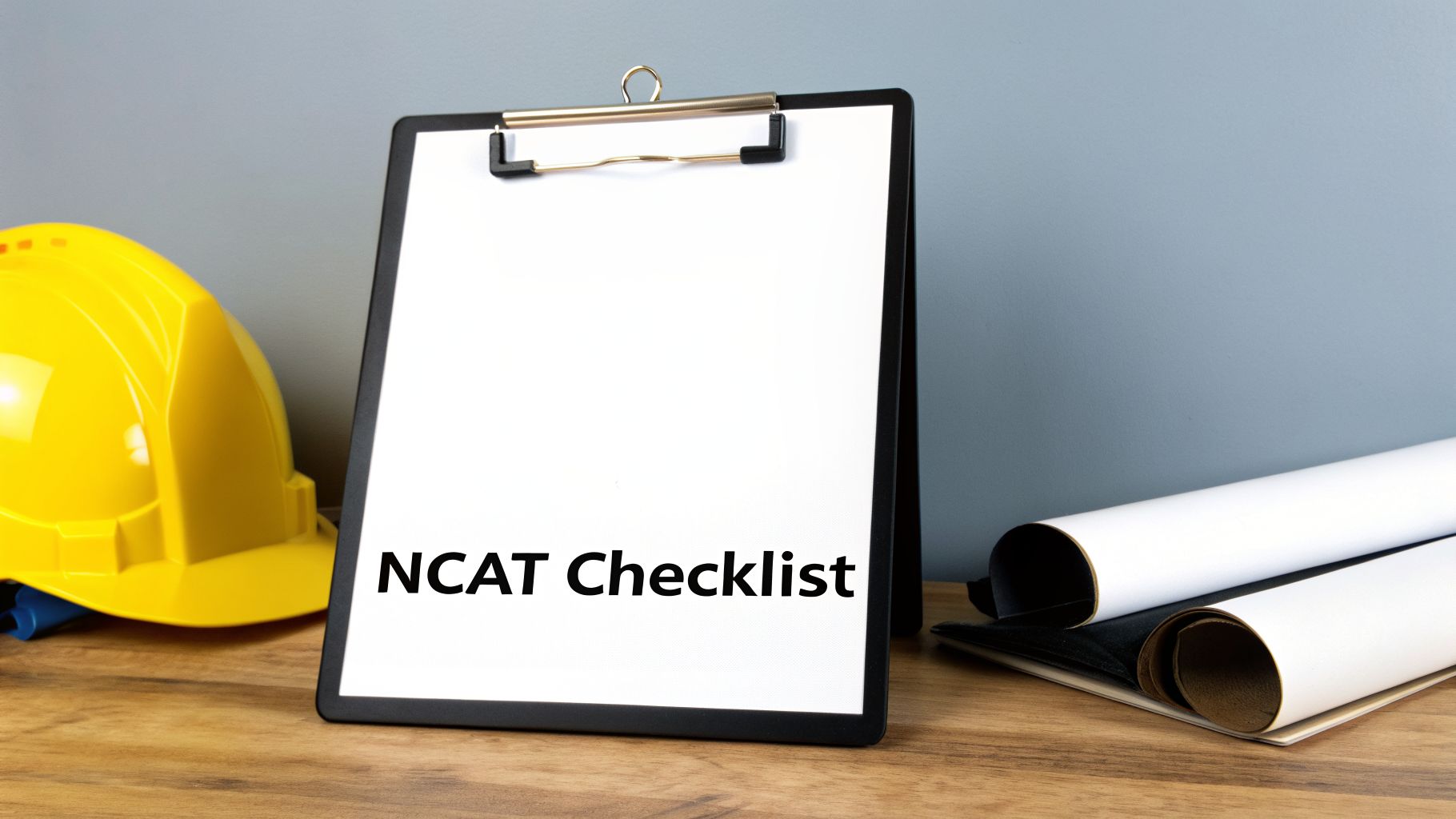 A clipboard with 'NCAT Checklist' next to a yellow hard hat and rolled papers on a wooden desk.