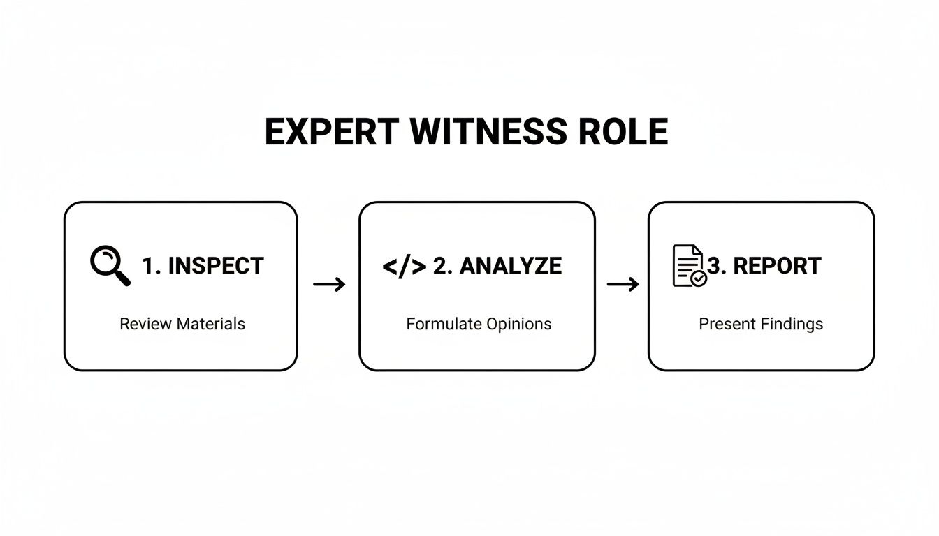 A three-step diagram illustrating the expert witness role, detailing inspection, analysis, and reporting findings.