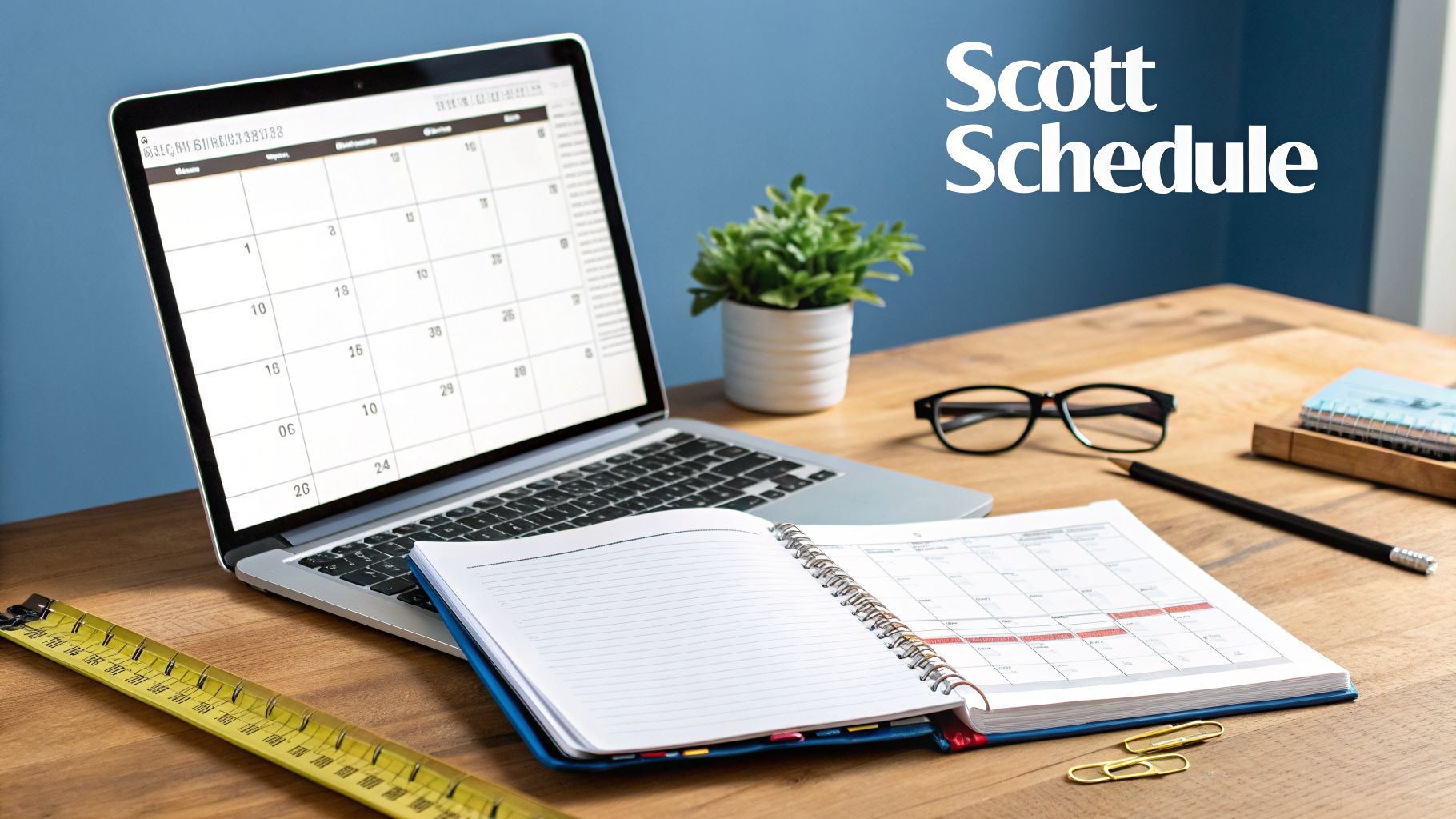 A clean office desk with laptop and open planner displaying a Scott Schedule concept, with glasses and a plant.