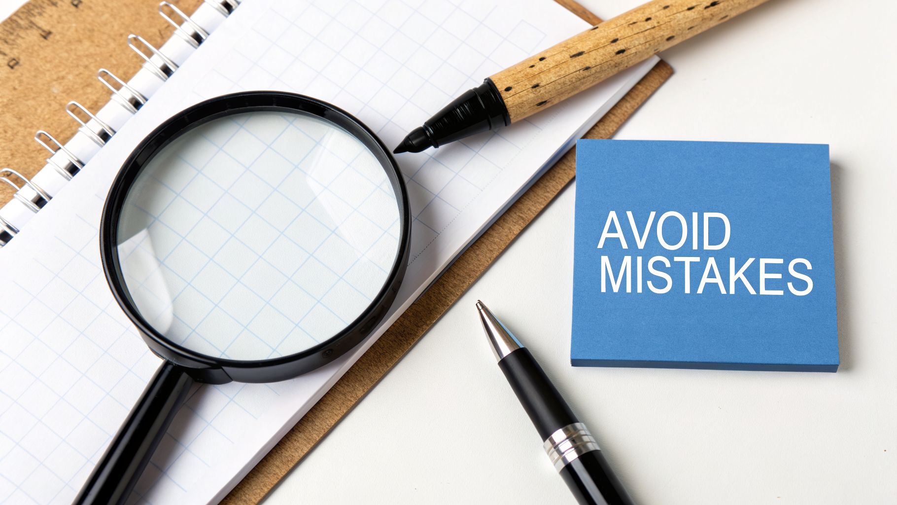 Office desk with a magnifying glass, pens, notebook, and a blue sticky note saying 'AVOID MISTAKES'.