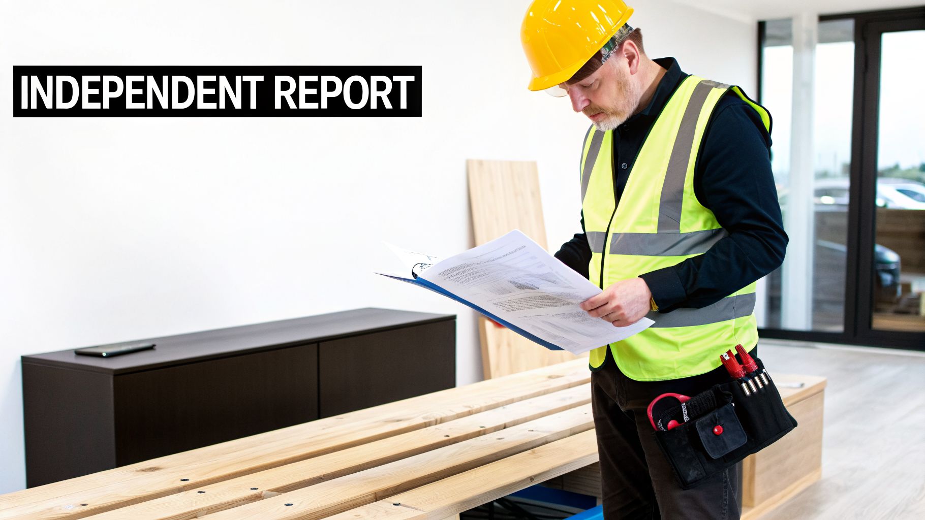 A man in a hard hat and safety vest reviews construction documents, an independent report.