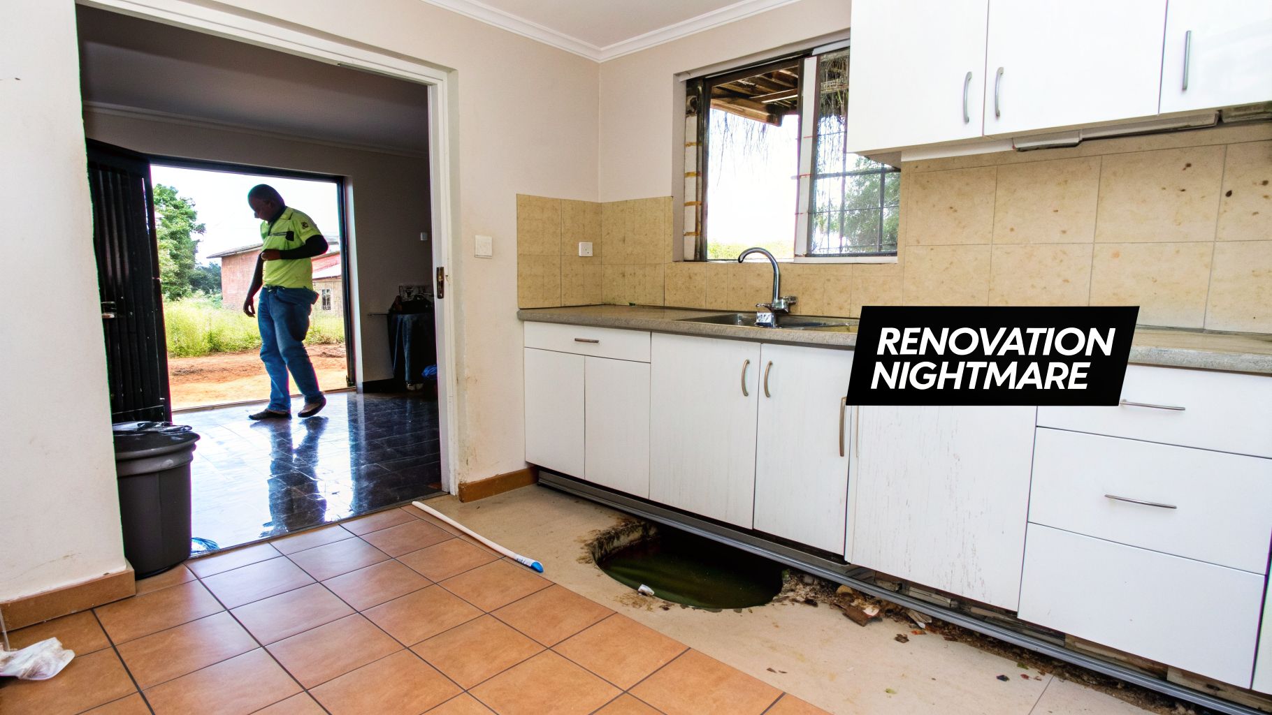 A damaged kitchen showing a large hole in the floor under cabinets, with a man in the doorway.
