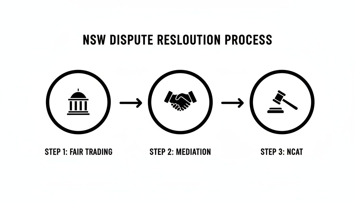 Flowchart showing the NSW Dispute Resolution Process with steps: Fair Trading, Mediation, and NCAT.