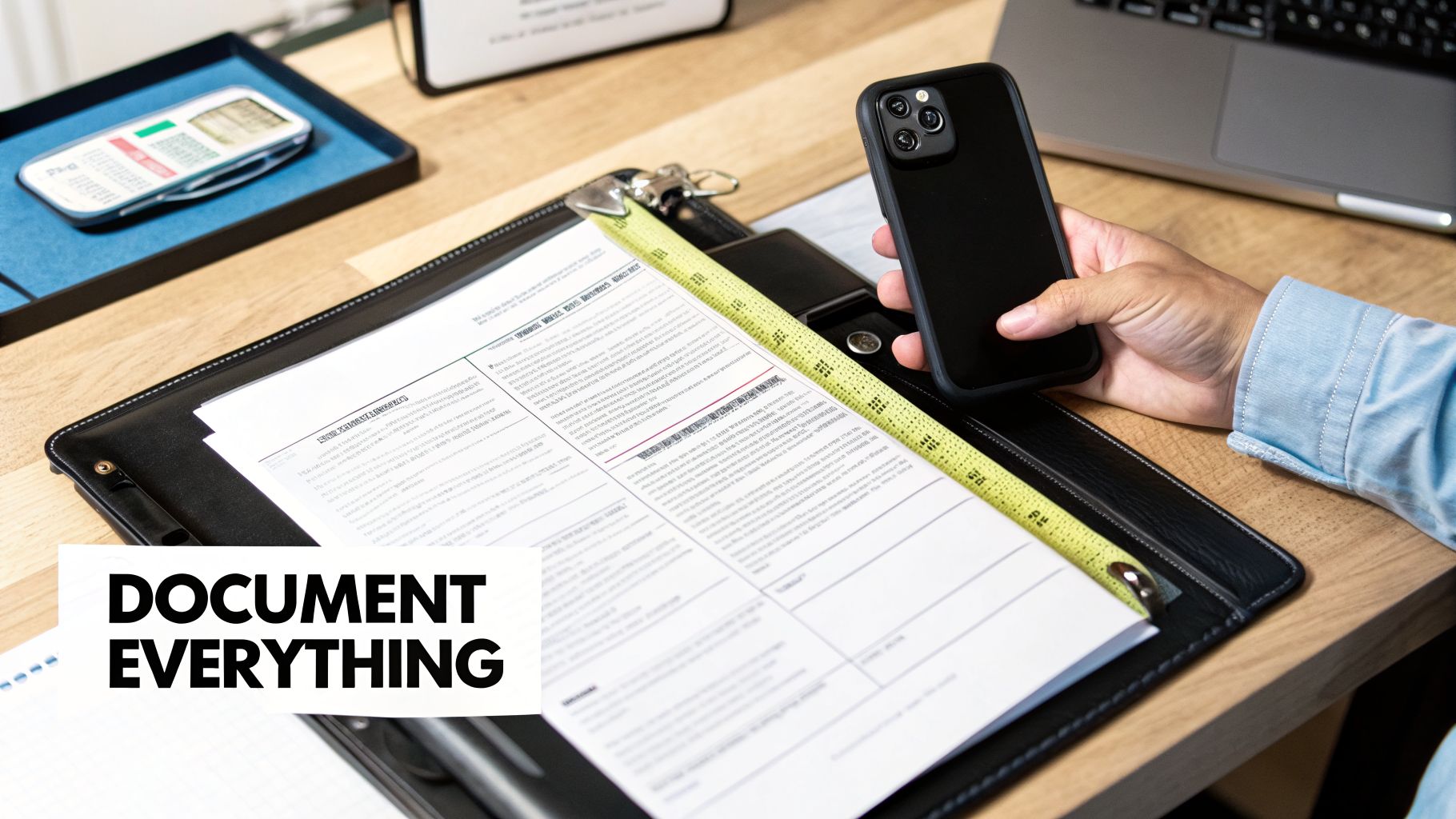 A person holds a smartphone over documents and a measuring tape on a wooden desk, emphasizing documentation.