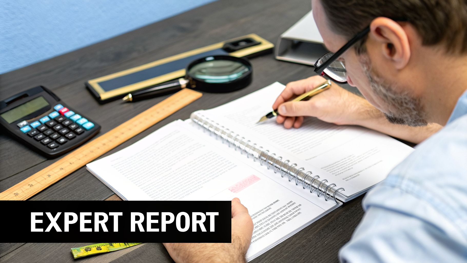 A person writing an expert report in a spiral notebook, surrounded by office tools on a dark desk.
