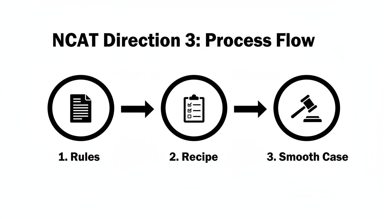 Diagram illustrating the NCAT Direction 3 process flow with three steps: Rules, Recipe, and Smooth Case.
